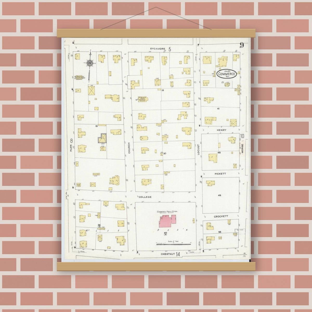 Old map wall art mockup — magnetic wood frame on brick wall — Sanborn Fire Insurance Map from Commerce, Hunt County, Texas (1911), Sheet #0009