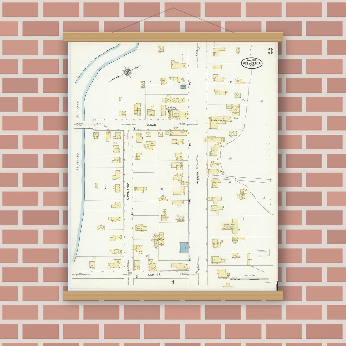 Old map wall art mockup — magnetic wood frame on brick wall — Sanborn Fire Insurance Map from Angelica, Allegany County, New York (1909), Sheet #0003