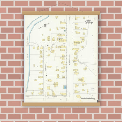 Old map wall art mockup — magnetic wood frame on brick wall — Sanborn Fire Insurance Map from Angelica, Allegany County, New York (1909), Sheet #0003