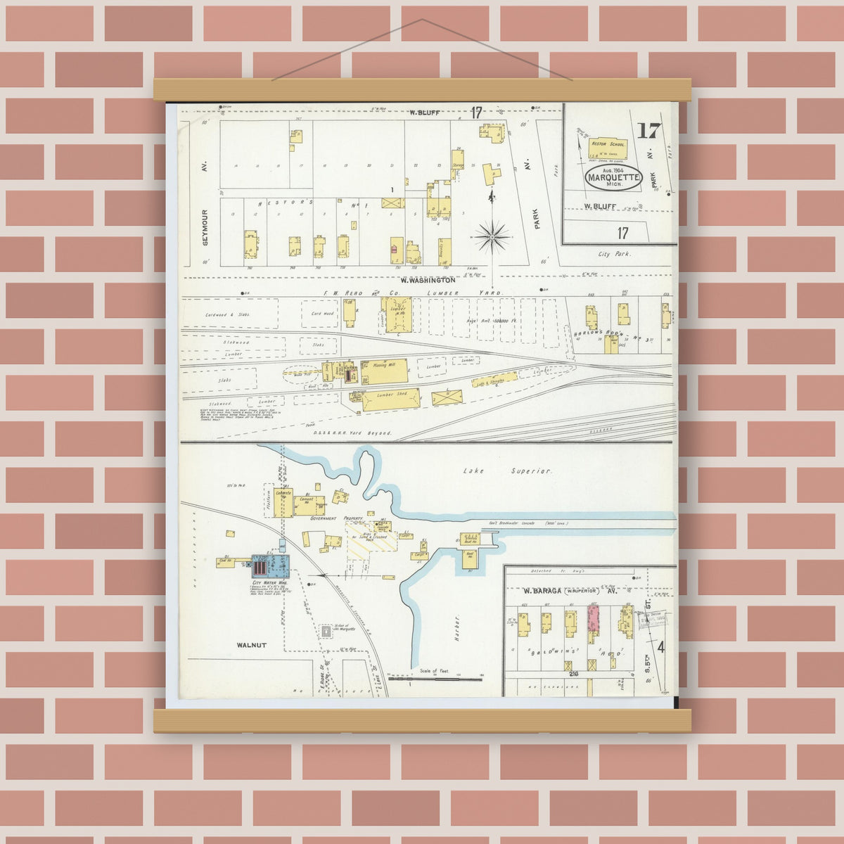 Old map wall art mockup — magnetic wood frame on brick wall — Sanborn Fire Insurance Map from Marquette, Marquette County, Michigan (1904), Sheet #0017