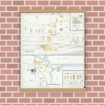 Old map wall art mockup — magnetic wood frame on brick wall — Sanborn Fire Insurance Map from Marquette, Marquette County, Michigan (1904), Sheet #0017