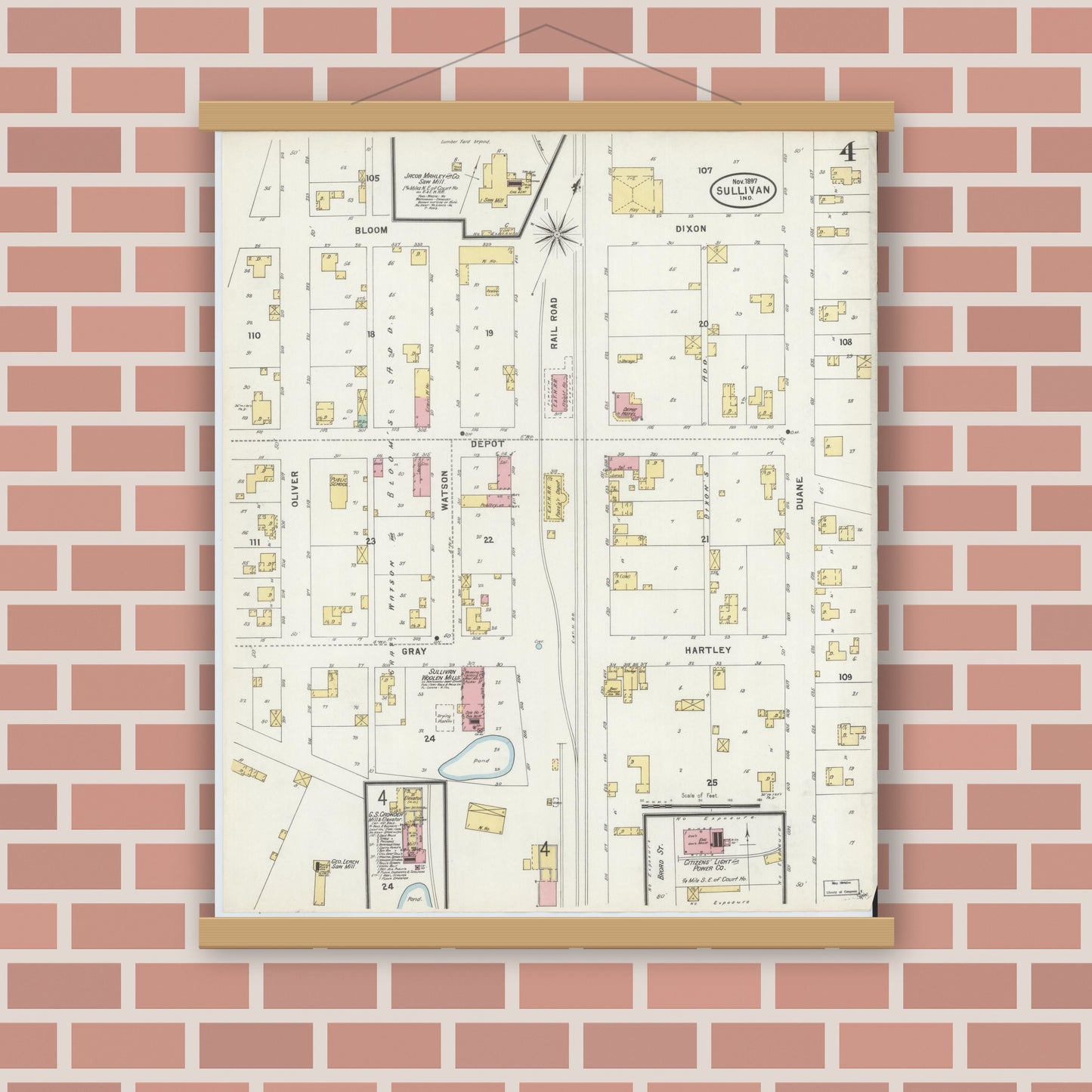 Old map wall art mockup — magnetic wood frame on brick wall — Sanborn Fire Insurance Map from Sullivan, Sullivan County, Indiana (1897), Sheet #0004