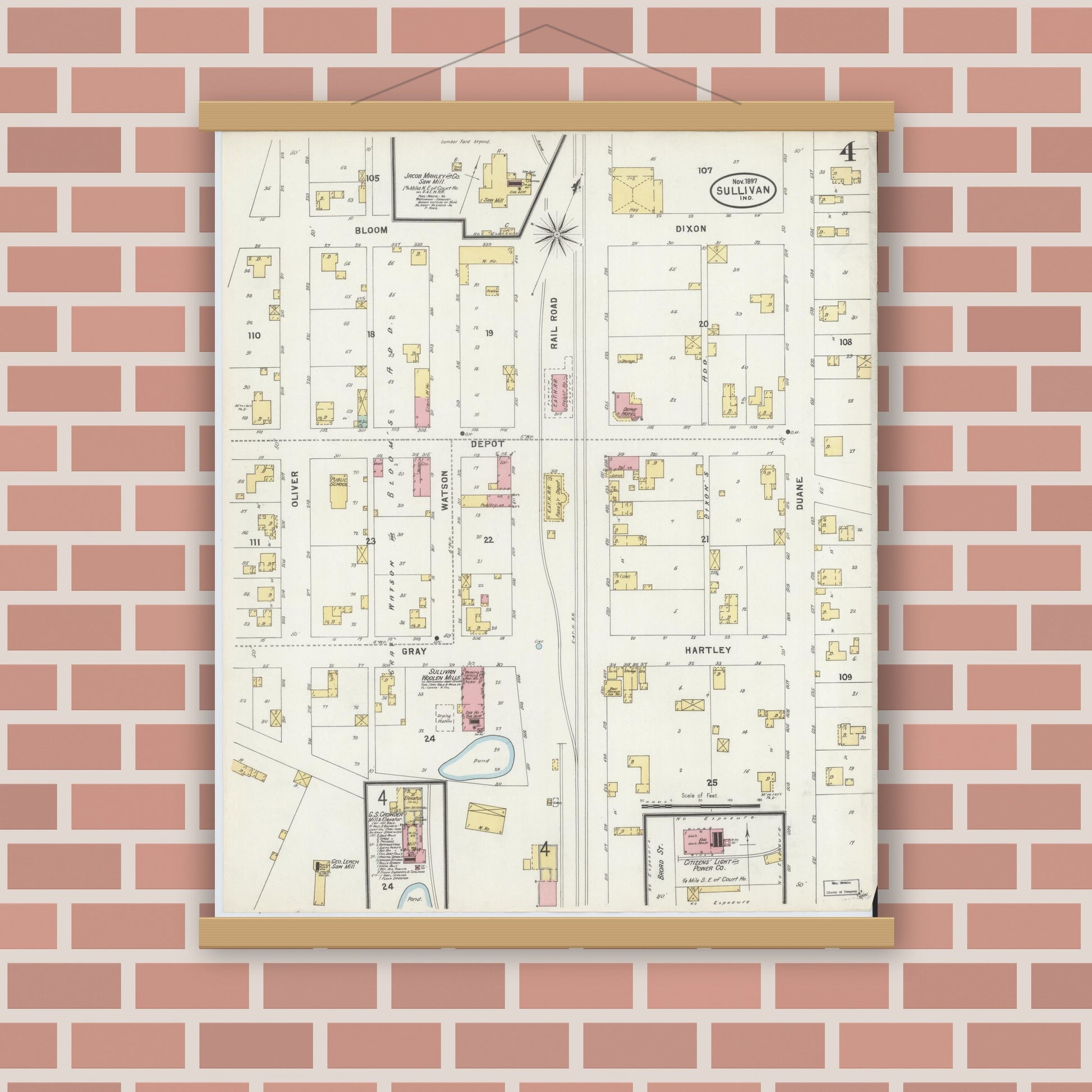Old map wall art mockup — magnetic wood frame on brick wall — Sanborn Fire Insurance Map from Sullivan, Sullivan County, Indiana (1897), Sheet #0004