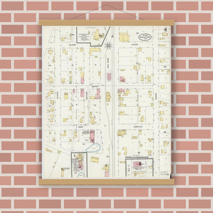 Old map wall art mockup — magnetic wood frame on brick wall — Sanborn Fire Insurance Map from Sullivan, Sullivan County, Indiana (1897), Sheet #0004