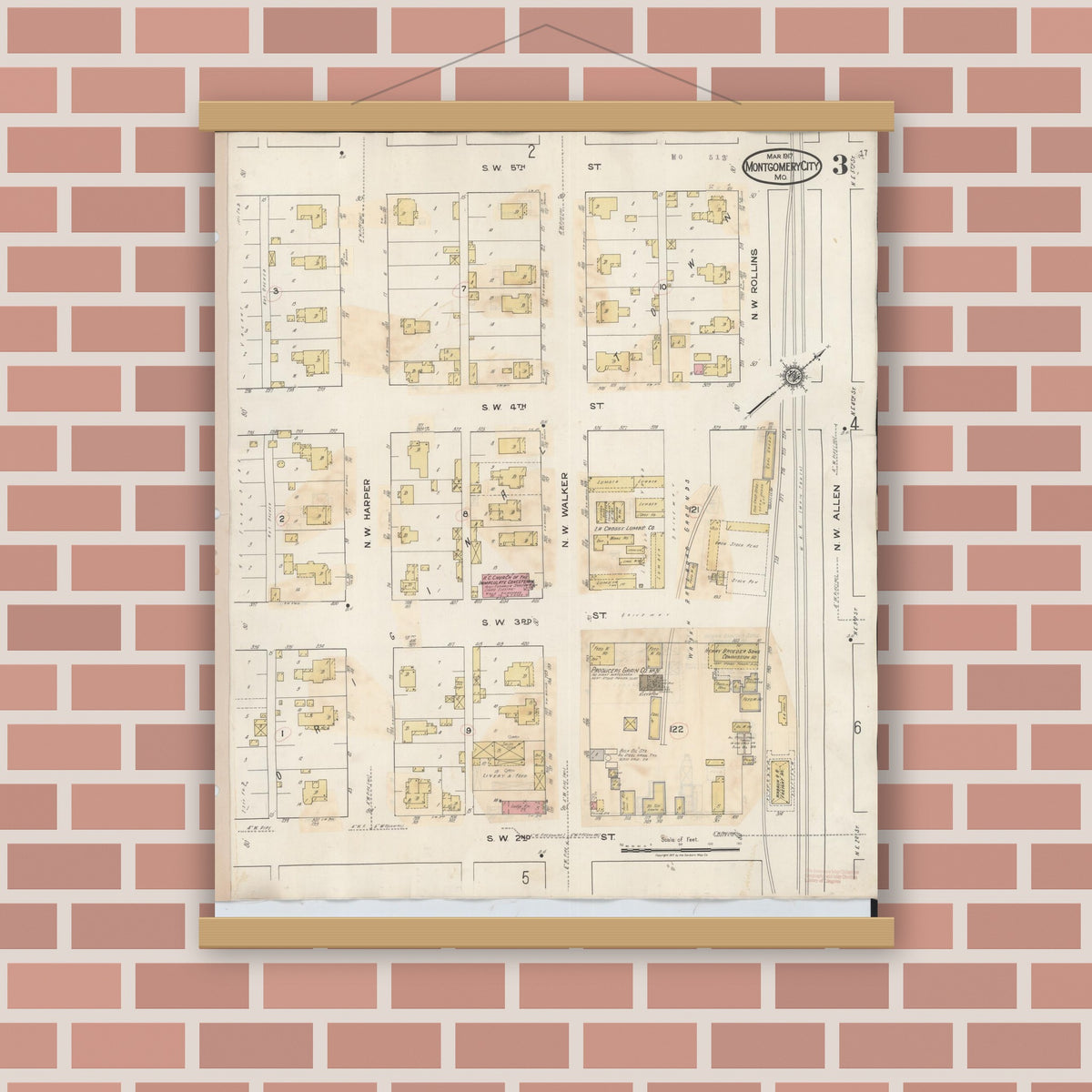 Old map wall art mockup — magnetic wood frame on brick wall — Sanborn Fire Insurance Map from Montgomery City, Montgomery County, Missouri (1932), Sheet #0003