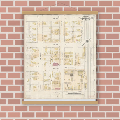Old map wall art mockup — magnetic wood frame on brick wall — Sanborn Fire Insurance Map from Montgomery City, Montgomery County, Missouri (1932), Sheet #0003