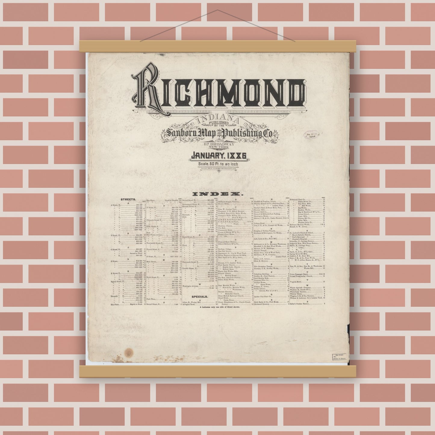 Old map wall art mockup — magnetic wood frame on brick wall — Sanborn Fire Insurance Map from Richmond, Wayne County, Indiana (1886), Sheet #0001