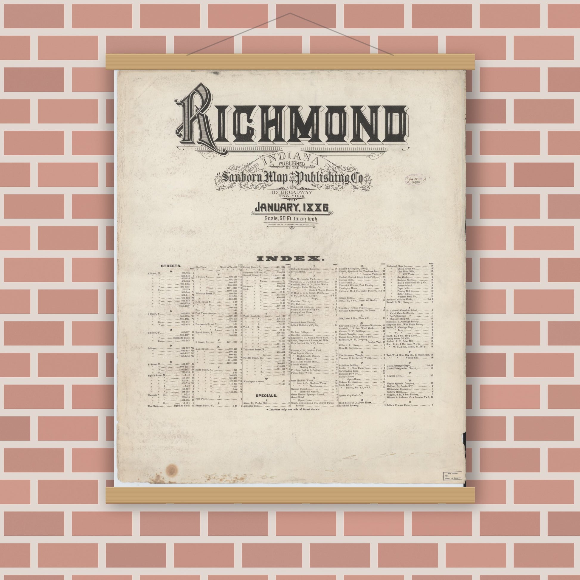 Old map wall art mockup — magnetic wood frame on brick wall — Sanborn Fire Insurance Map from Richmond, Wayne County, Indiana (1886), Sheet #0001