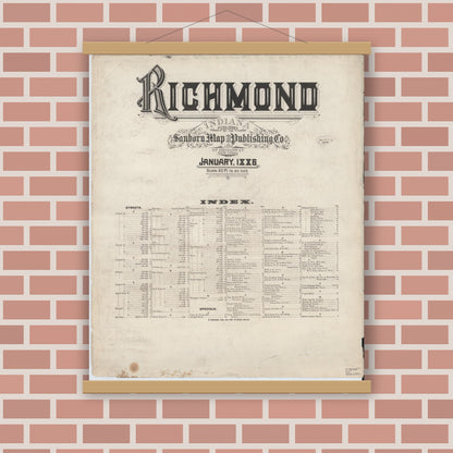 Old map wall art mockup — magnetic wood frame on brick wall — Sanborn Fire Insurance Map from Richmond, Wayne County, Indiana (1886), Sheet #0001