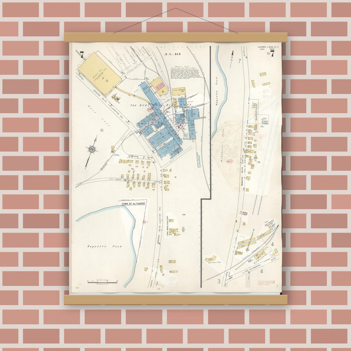 Old map wall art mockup — magnetic wood frame on brick wall — Sanborn Fire Insurance Map from Tupper Lake, Franklin County, New York (1950), Sheet #0007