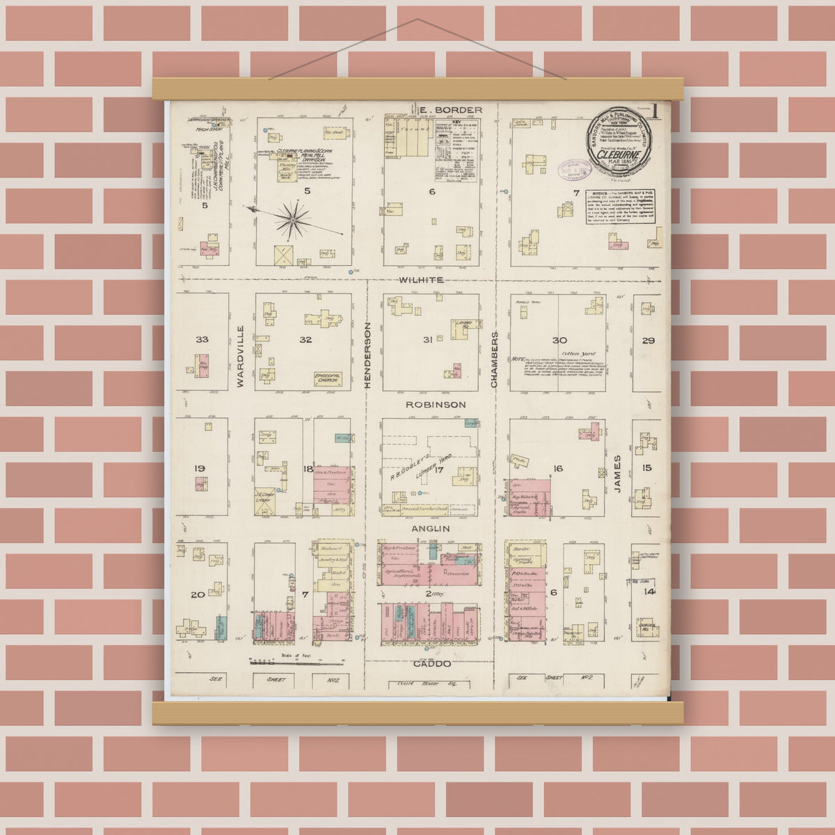 Old map wall art mockup — magnetic wood frame on brick wall — Sanborn Fire Insurance Map from Cleburne, Johnson County, Texas (1885) - Complete Map Set