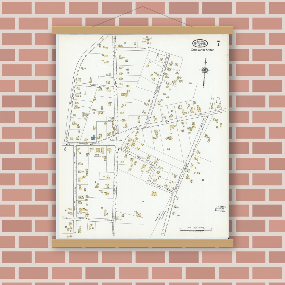 Old map wall art mockup — magnetic wood frame on brick wall — Sanborn Fire Insurance Map from Hyannis, Barnstable County, Massachusetts (1919), Sheet #0007