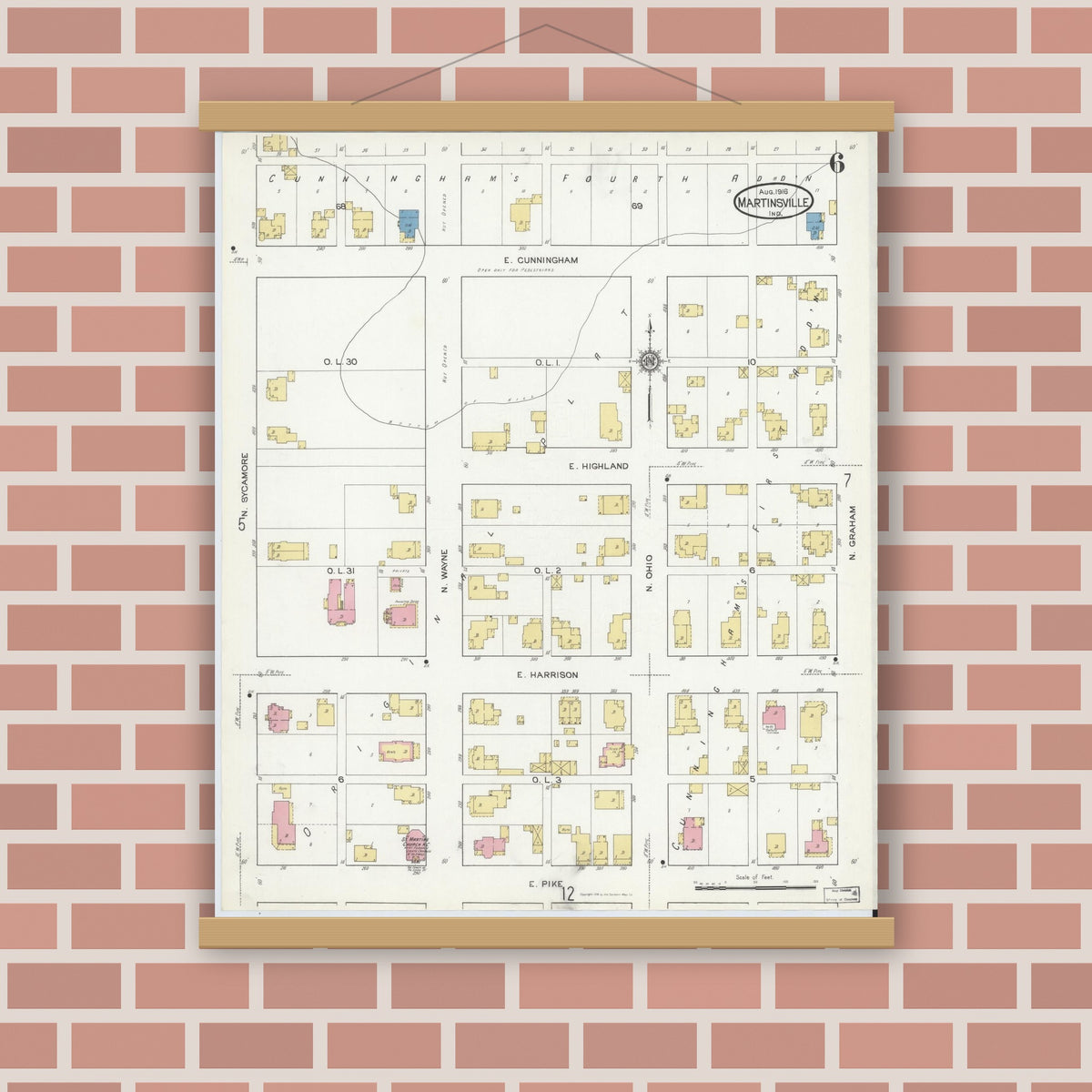 Old map wall art mockup — magnetic wood frame on brick wall — Sanborn Fire Insurance Map from Martinsville, Morgan County, Indiana (1916), Sheet #0006