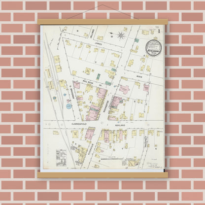 Old map wall art mockup — magnetic wood frame on brick wall — Sanborn Fire Insurance Map from New London, Huron County, Ohio (1889) - Complete Map Set