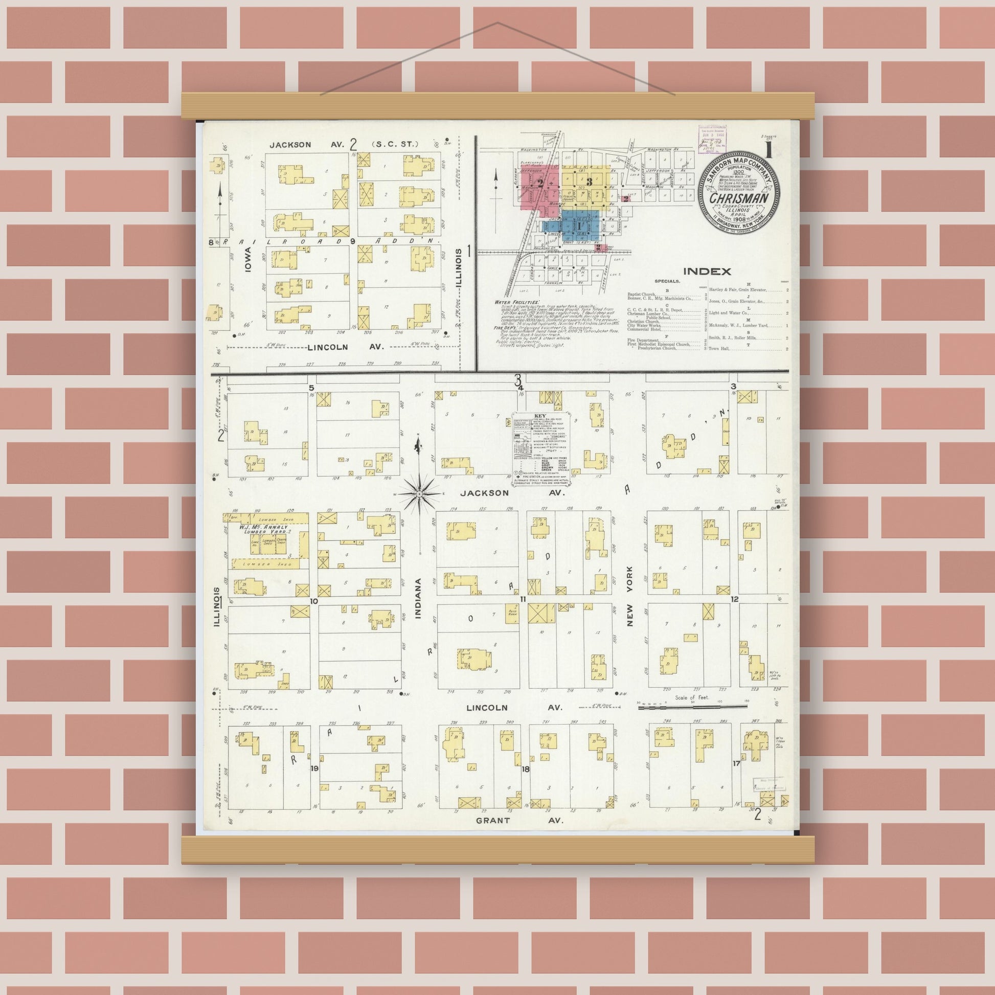 Old map wall art mockup — magnetic wood frame on brick wall — Sanborn Fire Insurance Map from Chrisman, Edgar County, Illinois (1908) - Complete Map Set