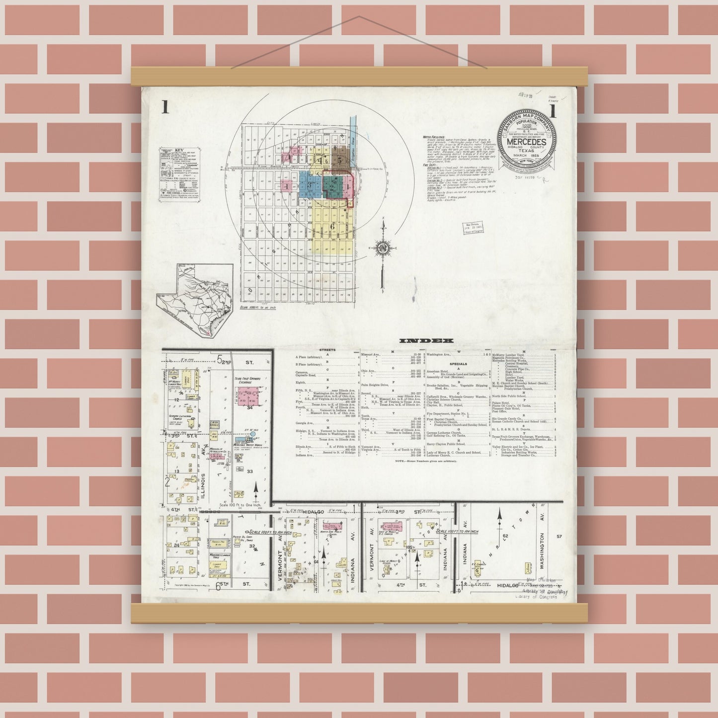 Old map wall art mockup — magnetic wood frame on brick wall — Sanborn Fire Insurance Map from Mercedes, Hidalgo County, Texas (1925) - Complete Map Set