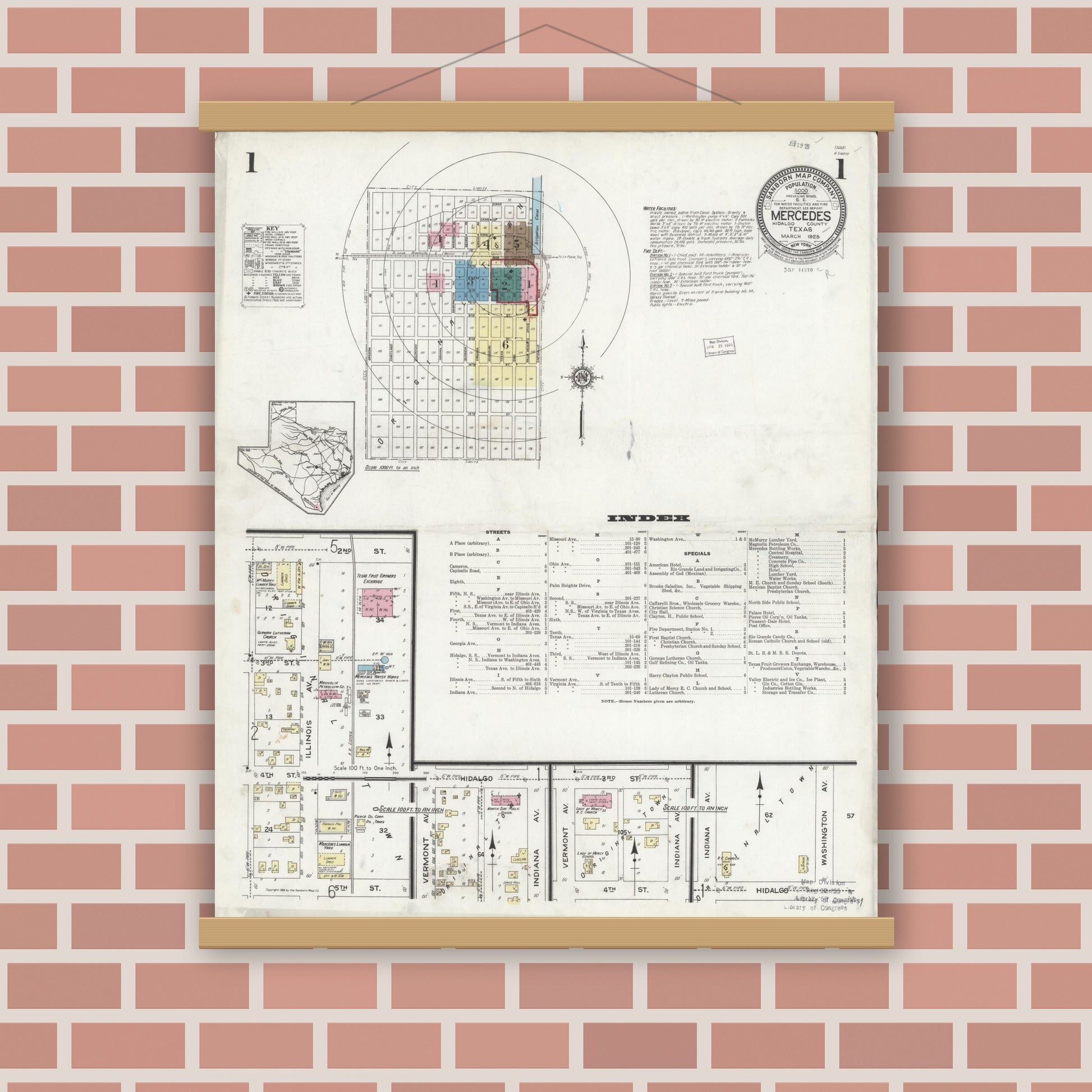 Old map wall art mockup — magnetic wood frame on brick wall — Sanborn Fire Insurance Map from Mercedes, Hidalgo County, Texas (1925) - Complete Map Set