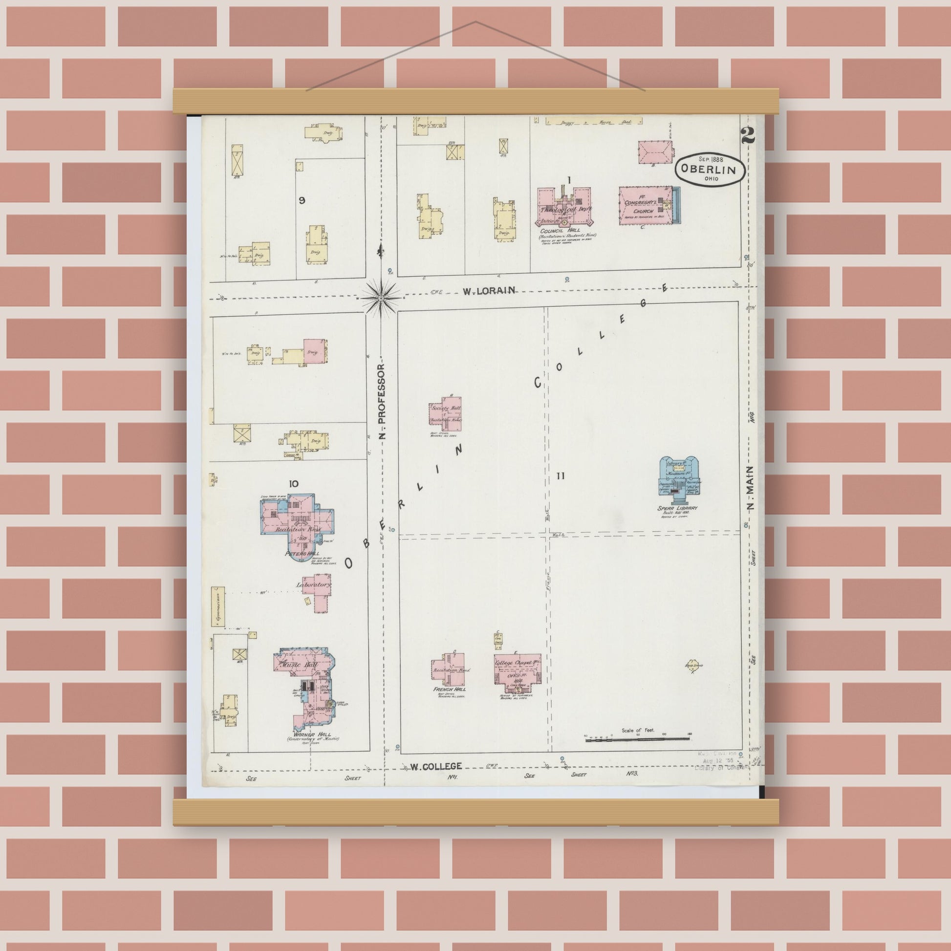 Old map wall art mockup — magnetic wood frame on brick wall — Sanborn Fire Insurance Map from Oberlin, Lorain County, Ohio (1888), Sheet #0002