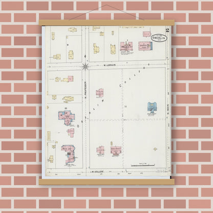 Old map wall art mockup — magnetic wood frame on brick wall — Sanborn Fire Insurance Map from Oberlin, Lorain County, Ohio (1888), Sheet #0002
