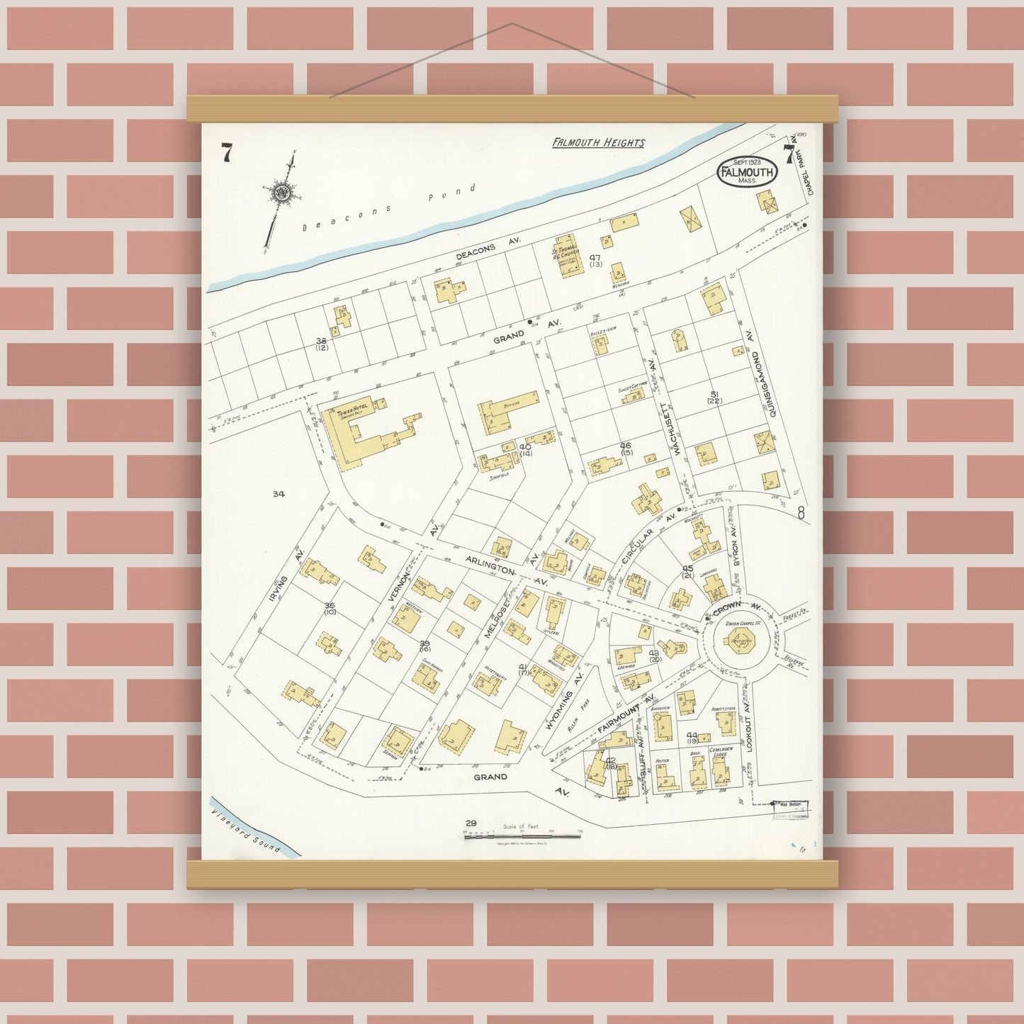 Old map wall art mockup — magnetic wood frame on brick wall — Sanborn Fire Insurance Map from Falmouth, Barnstable County, Massachusetts (1923), Sheet #0007