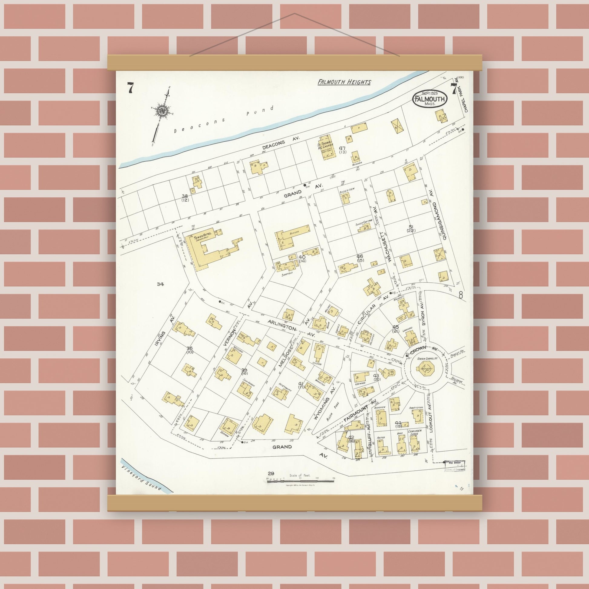 Old map wall art mockup — magnetic wood frame on brick wall — Sanborn Fire Insurance Map from Falmouth, Barnstable County, Massachusetts (1923), Sheet #0007