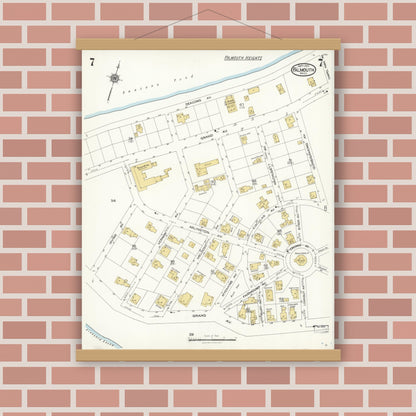 Old map wall art mockup — magnetic wood frame on brick wall — Sanborn Fire Insurance Map from Falmouth, Barnstable County, Massachusetts (1923), Sheet #0007
