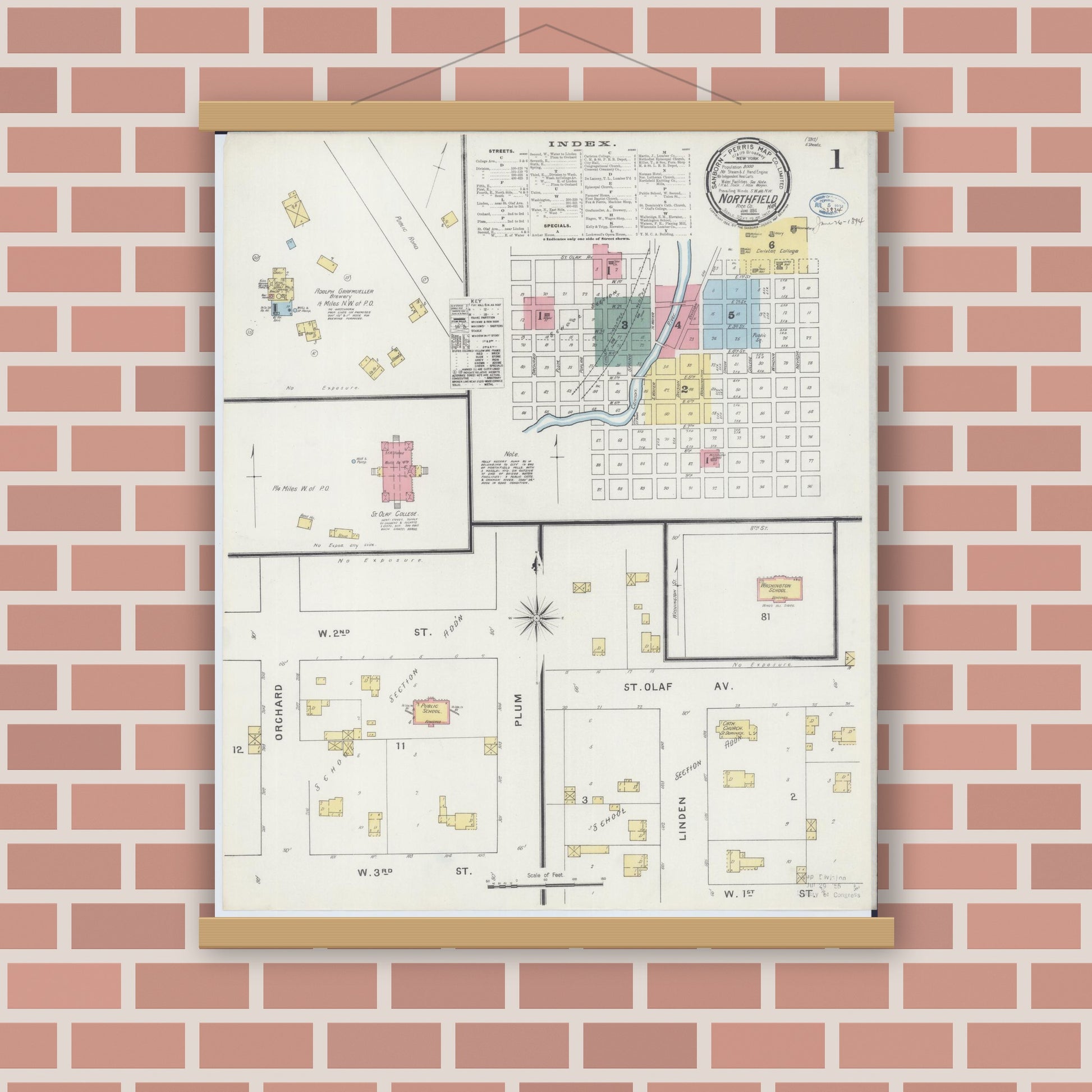 Old map wall art mockup — magnetic wood frame on brick wall — Sanborn Fire Insurance Map from Northfield, Rice County, Minnesota (1894), Sheet #0001