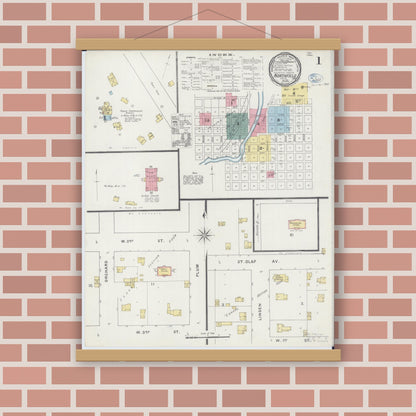 Old map wall art mockup — magnetic wood frame on brick wall — Sanborn Fire Insurance Map from Northfield, Rice County, Minnesota (1894), Sheet #0001