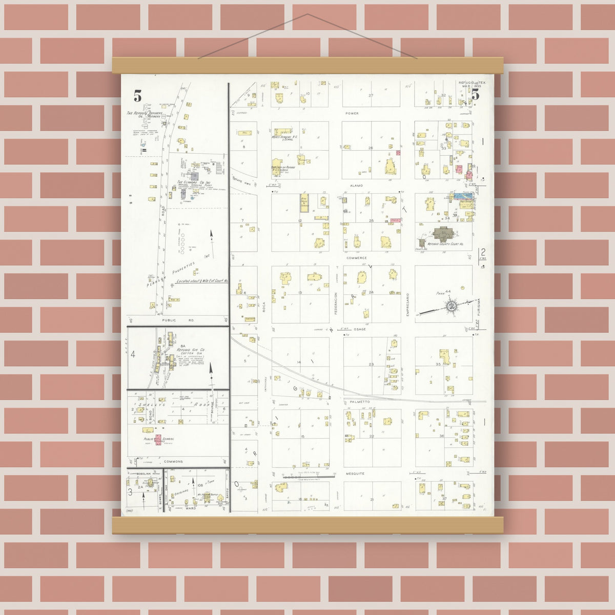 Old map wall art mockup — magnetic wood frame on brick wall — Sanborn Fire Insurance Map from Refugio, Refugio County, Texas (1935), Sheet #0005
