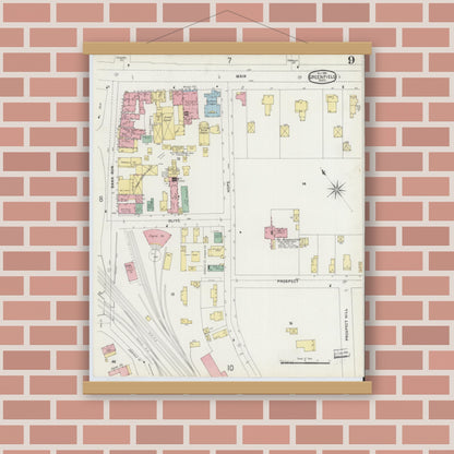 Old map wall art mockup — magnetic wood frame on brick wall — Sanborn Fire Insurance Map from Greenfield, Franklin County, Massachusetts (1896), Sheet #0009