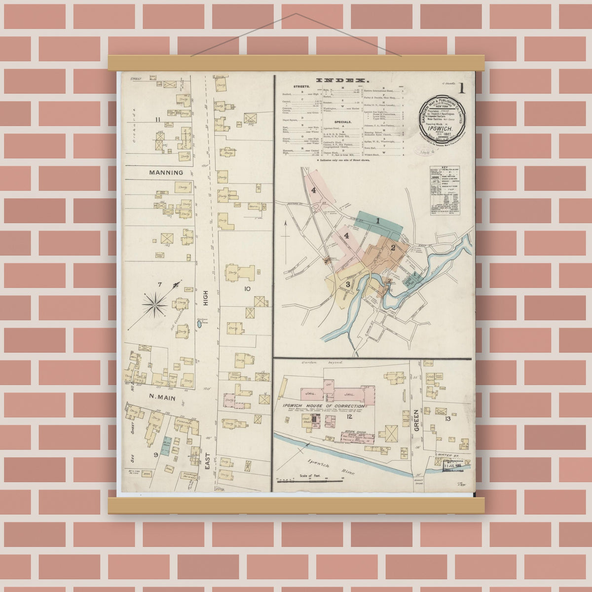 Old map wall art mockup — magnetic wood frame on brick wall — Sanborn Fire Insurance Map from Ipswich, Essex County, Massachusetts (1887), Sheet #0001