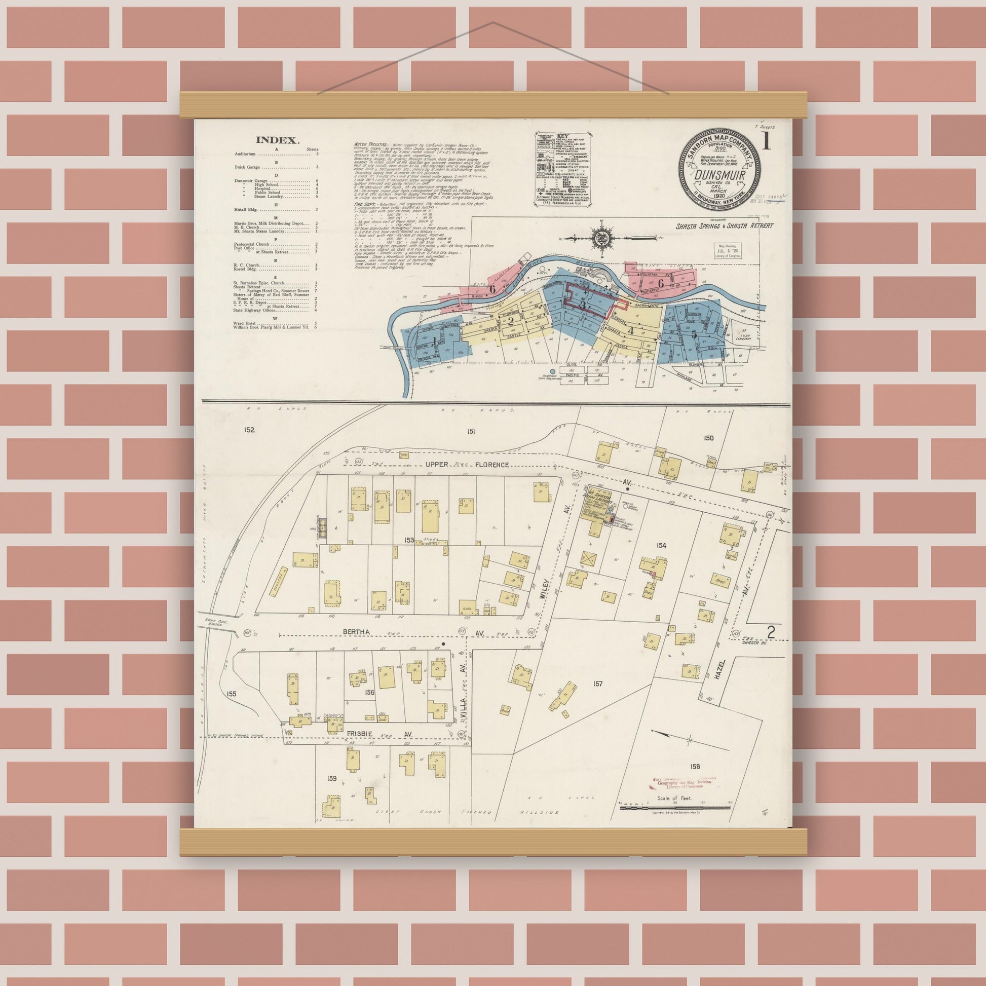 Old map wall art mockup — magnetic wood frame on brick wall — Sanborn Fire Insurance Map from Dunsmuir, Siskiyou County, California (1920), Sheet #0001
