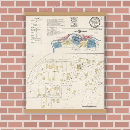 Old map wall art mockup — magnetic wood frame on brick wall — Sanborn Fire Insurance Map from Dunsmuir, Siskiyou County, California (1920), Sheet #0001