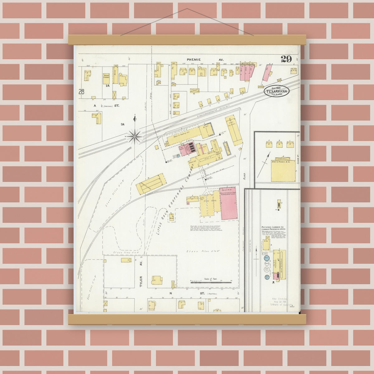 Old map wall art mockup — magnetic wood frame on brick wall — Sanborn Fire Insurance Map from Texarkana, Bowie County, Texas (1905), Sheet #0029