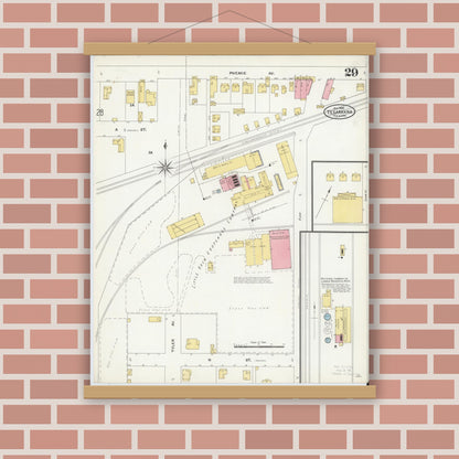 Old map wall art mockup — magnetic wood frame on brick wall — Sanborn Fire Insurance Map from Texarkana, Bowie County, Texas (1905), Sheet #0029
