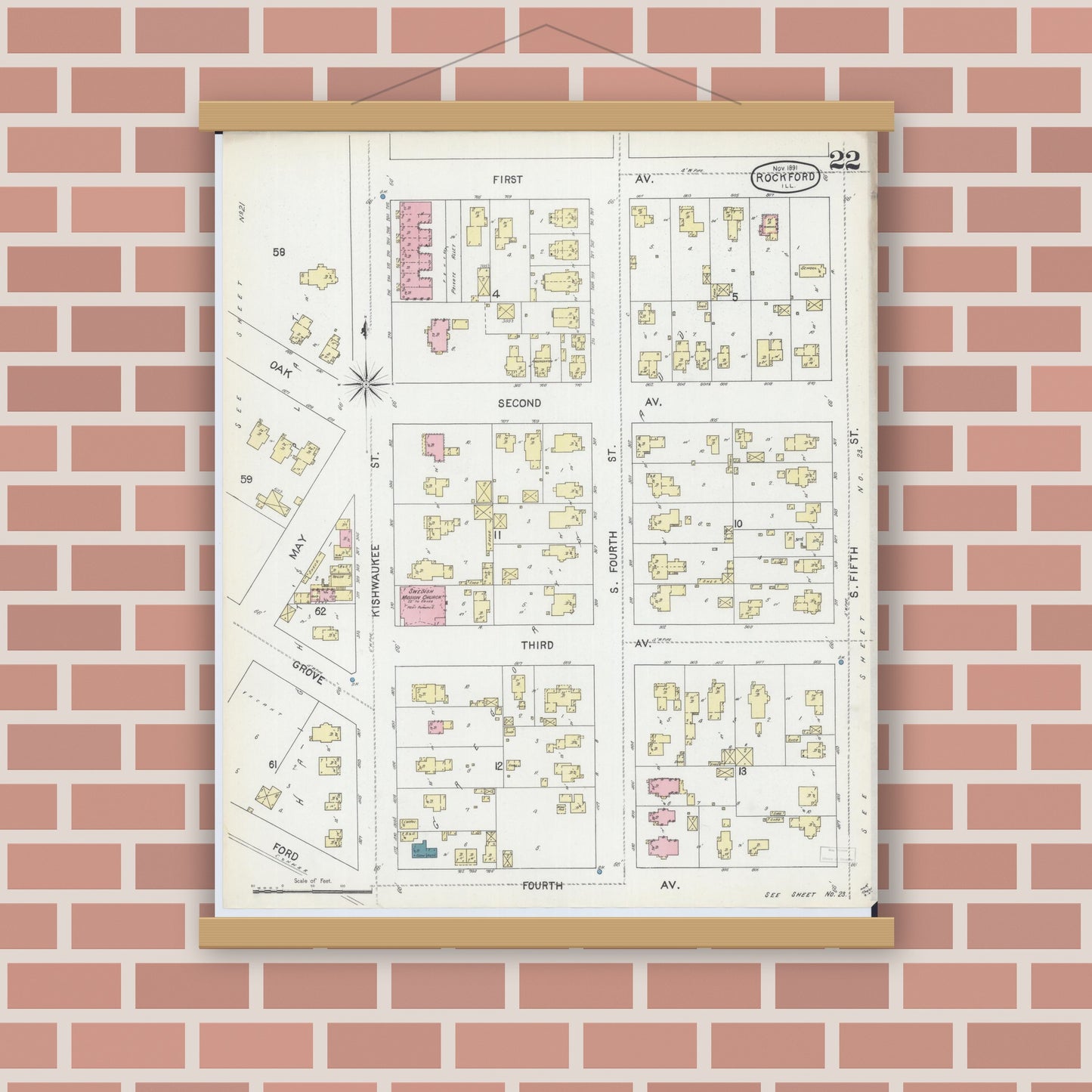 Old map wall art mockup — magnetic wood frame on brick wall — Sanborn Fire Insurance Map from Rockford, Winnebago County, Illinois (1891), Sheet #0022