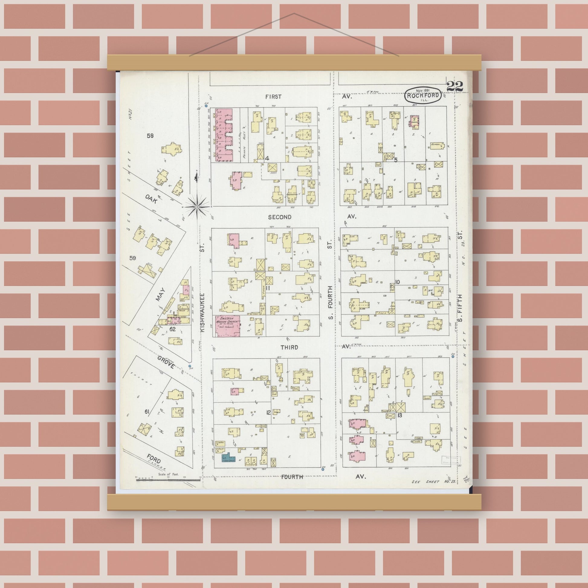 Old map wall art mockup — magnetic wood frame on brick wall — Sanborn Fire Insurance Map from Rockford, Winnebago County, Illinois (1891), Sheet #0022