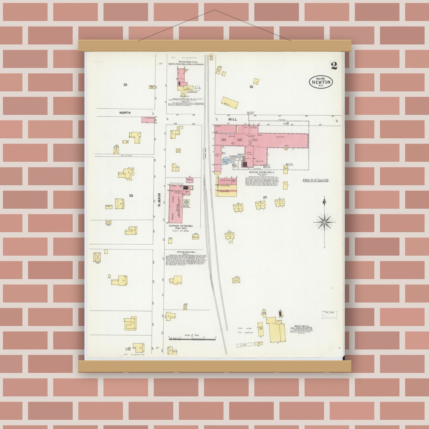 Old map wall art mockup — magnetic wood frame on brick wall — Sanborn Fire Insurance Map from Newton, Catawba County, North Carolina (1902), Sheet #0002