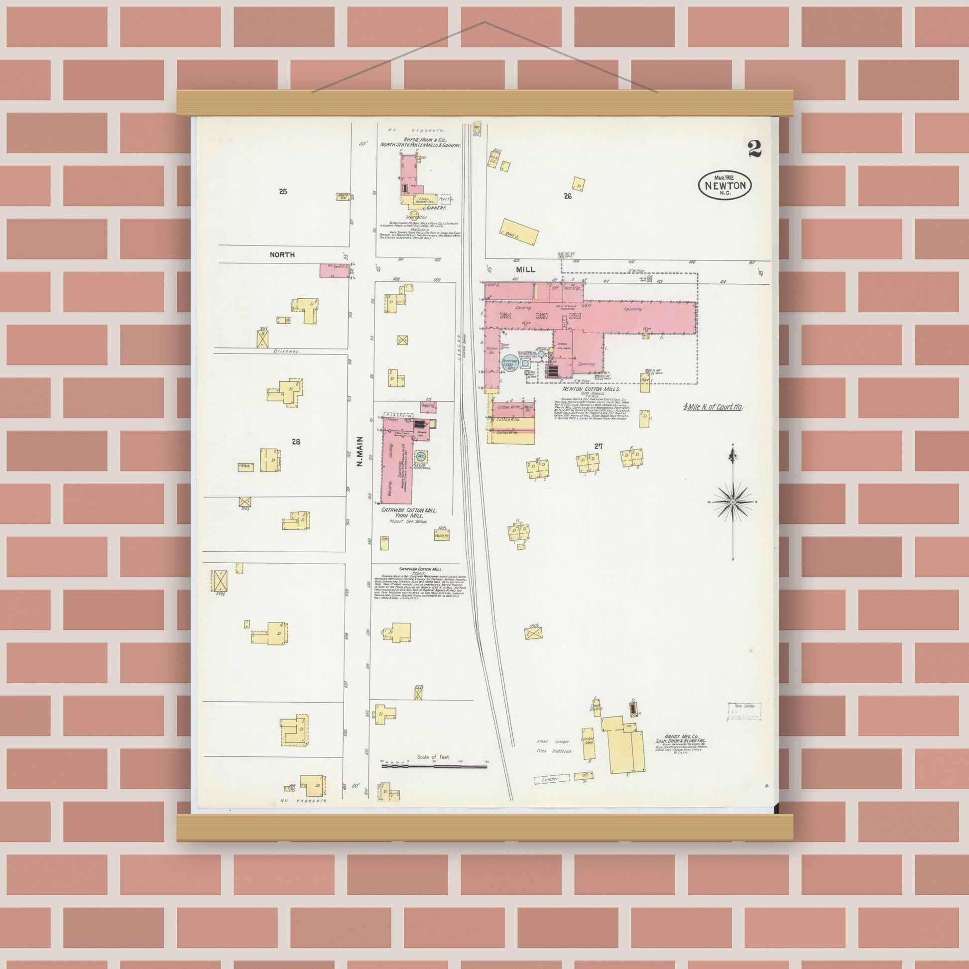 Old map wall art mockup — magnetic wood frame on brick wall — Sanborn Fire Insurance Map from Newton, Catawba County, North Carolina (1902), Sheet #0002