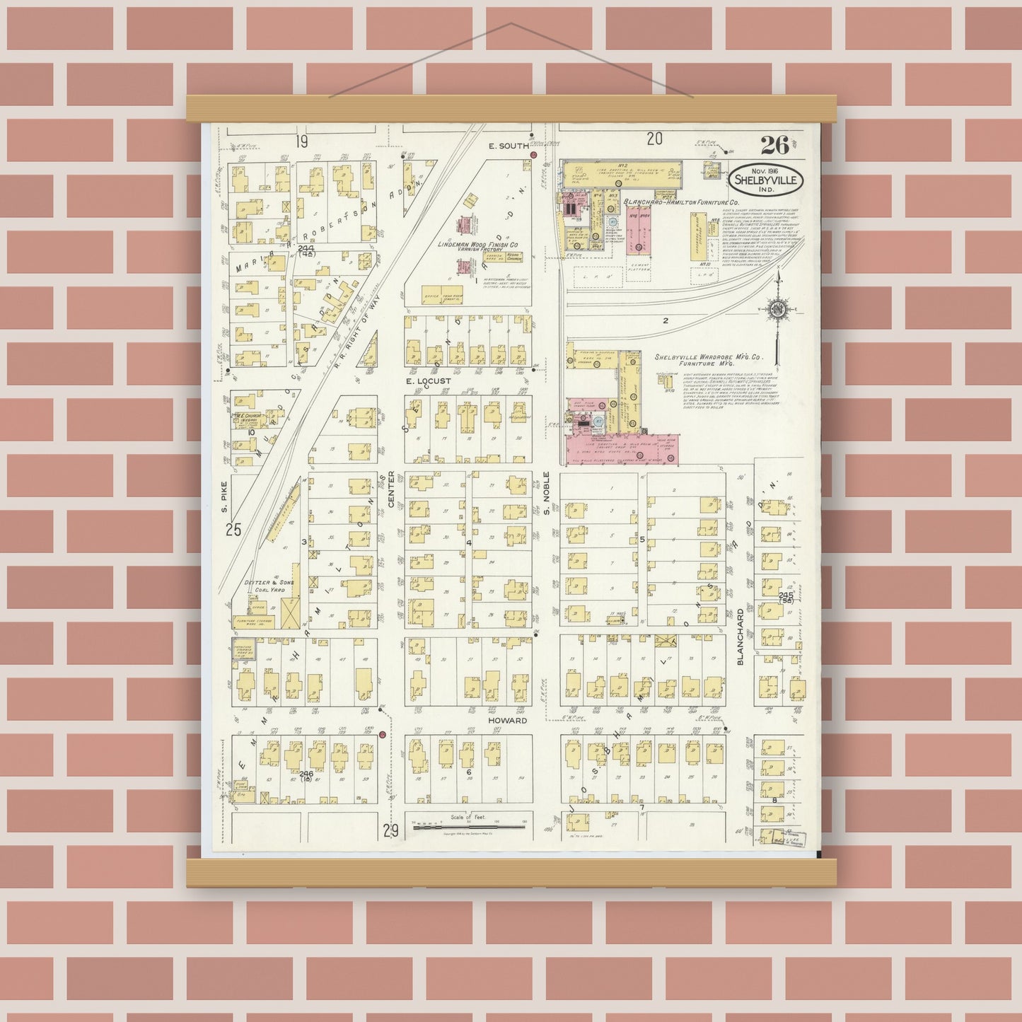 Old map wall art mockup — magnetic wood frame on brick wall — Sanborn Fire Insurance Map from Shelbyville, Shelby County, Indiana (1916), Sheet #0026