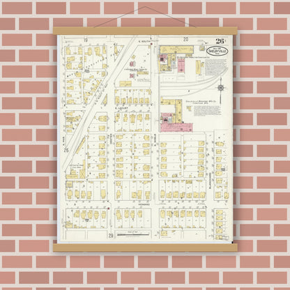 Old map wall art mockup — magnetic wood frame on brick wall — Sanborn Fire Insurance Map from Shelbyville, Shelby County, Indiana (1916), Sheet #0026
