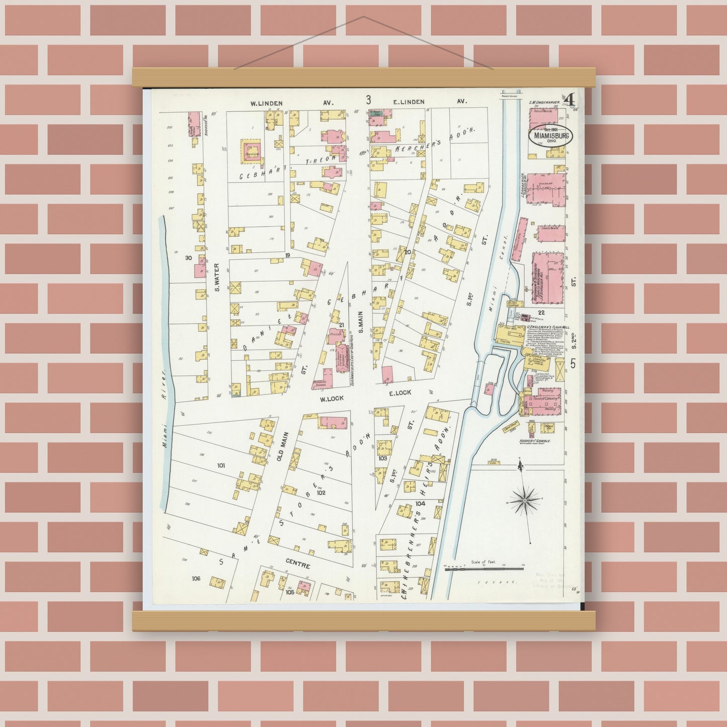Old map wall art mockup — magnetic wood frame on brick wall — Sanborn Fire Insurance Map from Miamisburg, Montgomery County, Ohio (1901), Sheet #0004