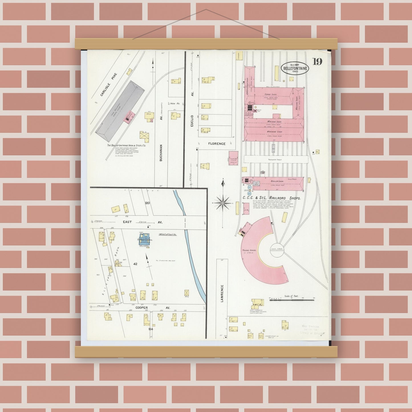 Old map wall art mockup — magnetic wood frame on brick wall — Sanborn Fire Insurance Map from Bellefontaine, Logan County, Ohio (1907), Sheet #0019
