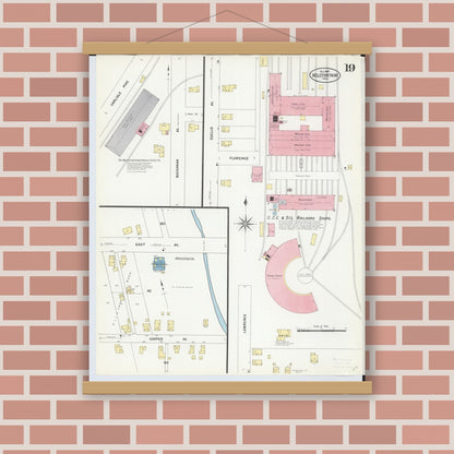 Old map wall art mockup — magnetic wood frame on brick wall — Sanborn Fire Insurance Map from Bellefontaine, Logan County, Ohio (1907), Sheet #0019