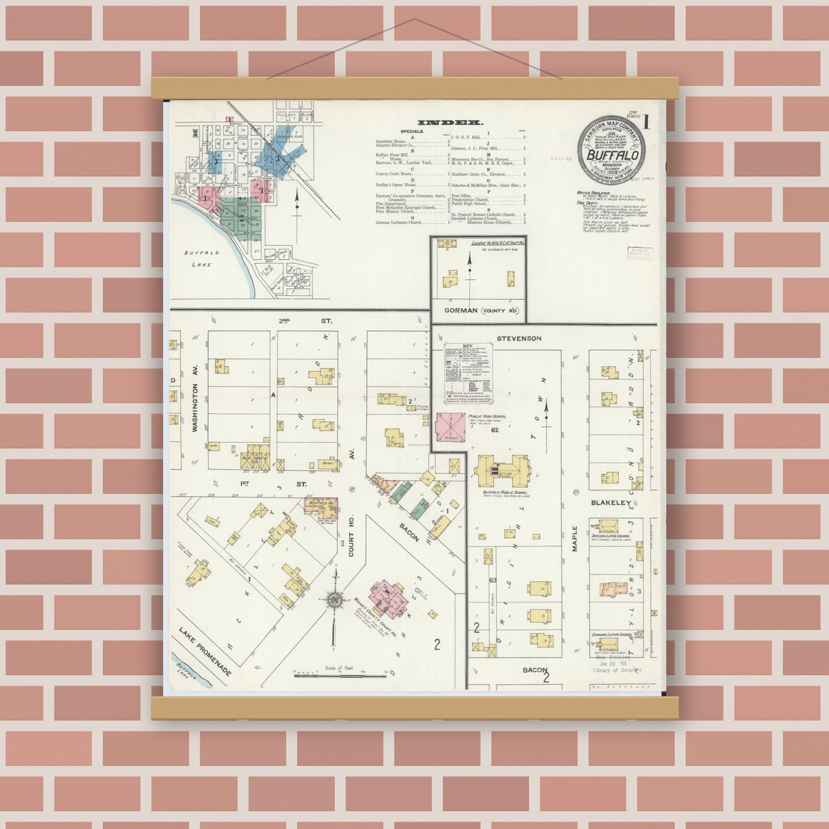 Old map wall art mockup — magnetic wood frame on brick wall — Sanborn Fire Insurance Map from Buffalo, Wright County, Minnesota (1909), Sheet #0001