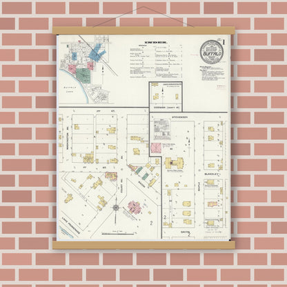 Old map wall art mockup — magnetic wood frame on brick wall — Sanborn Fire Insurance Map from Buffalo, Wright County, Minnesota (1909), Sheet #0001