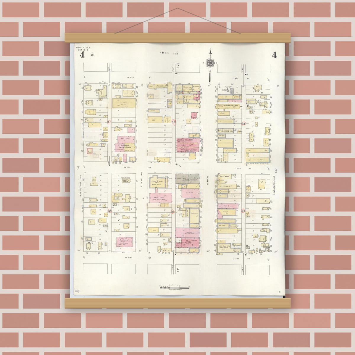 Old map wall art mockup — magnetic wood frame on brick wall — Sanborn Fire Insurance Map from Borger, Hutchinson County, Texas (1950), Sheet #0004