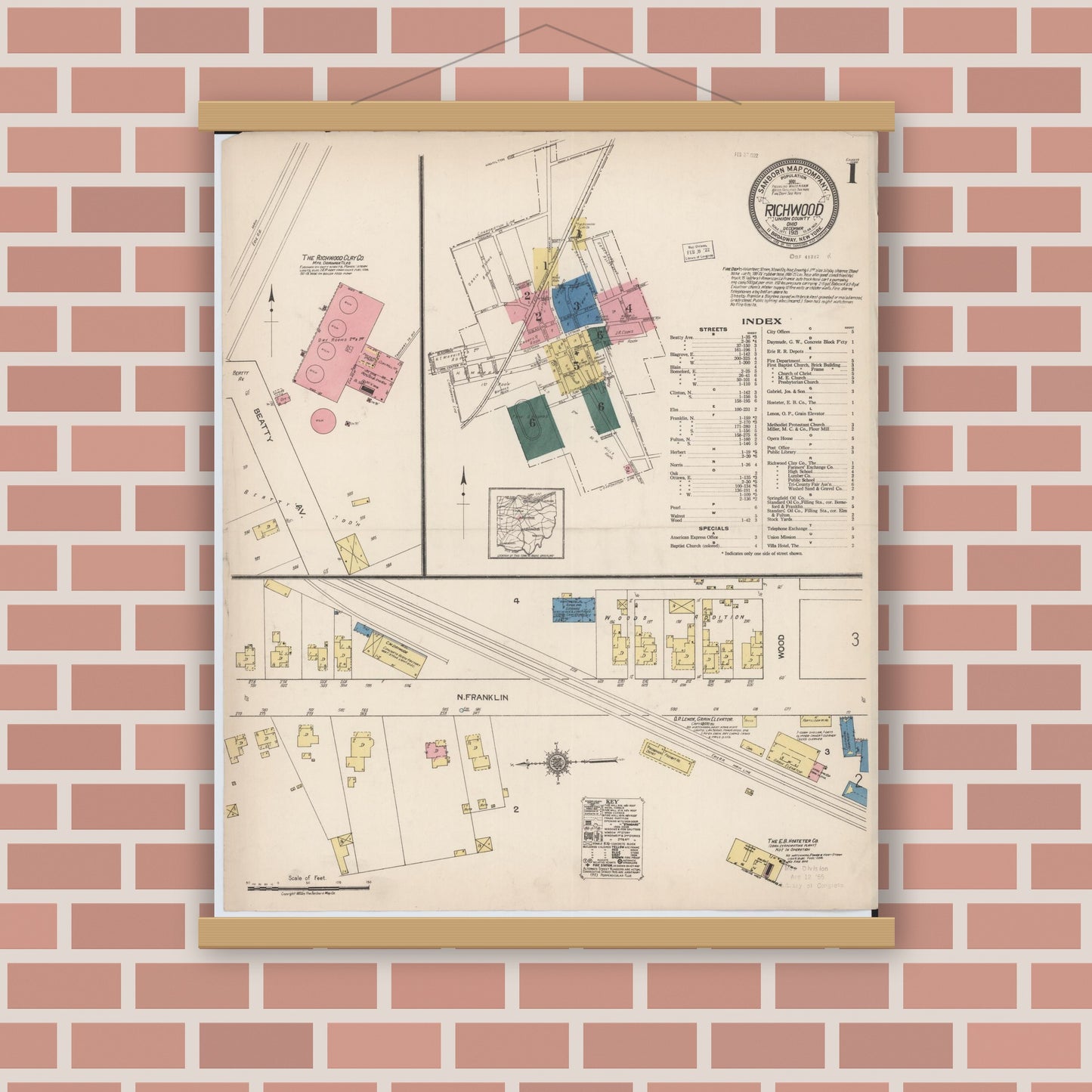 Old map wall art mockup — magnetic wood frame on brick wall — Sanborn Fire Insurance Map from Richwood, Union County, Ohio (1921) - Complete Map Set