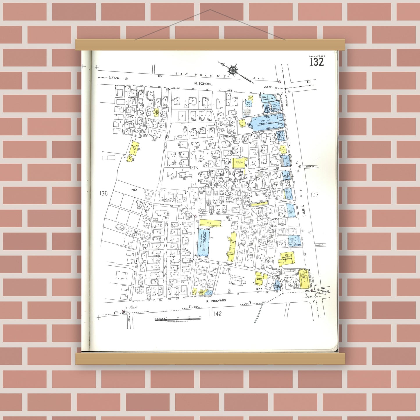 Old map wall art mockup — magnetic wood frame on brick wall — Sanborn Fire Insurance Map from Honolulu, Oahu County, Hawaii (1955), Sheet #0132