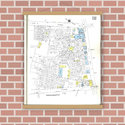 Old map wall art mockup — magnetic wood frame on brick wall — Sanborn Fire Insurance Map from Honolulu, Oahu County, Hawaii (1955), Sheet #0132